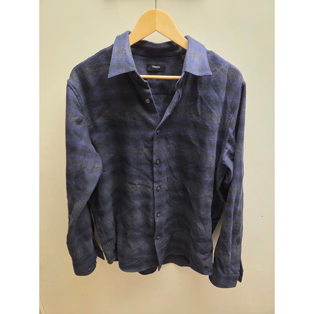 Theory Mens Irving Soft Plaid Flannel Shirt Navy Blue Grey Cotton Button Down L